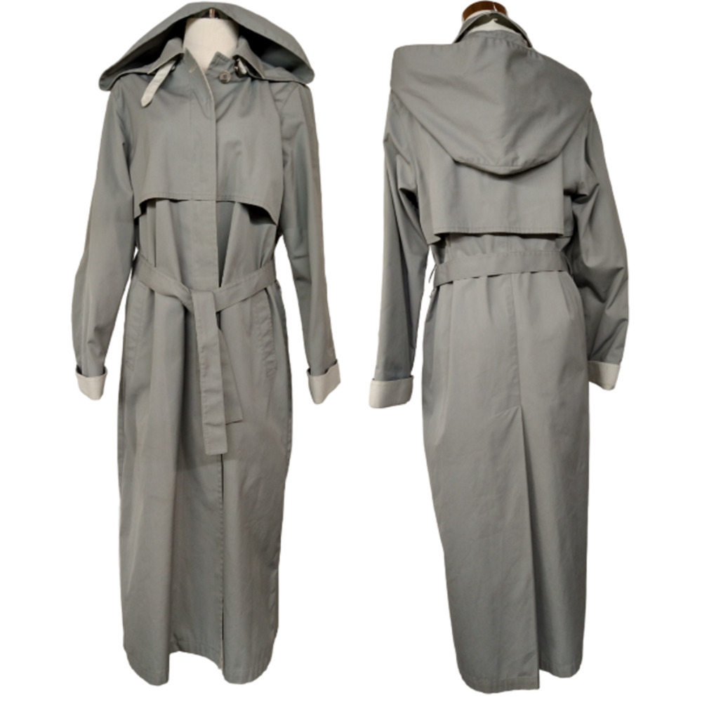 London Fog - Gray Maxi Raincoat Trench Coat w/ Removable Hood Belt Lined - Sz 12